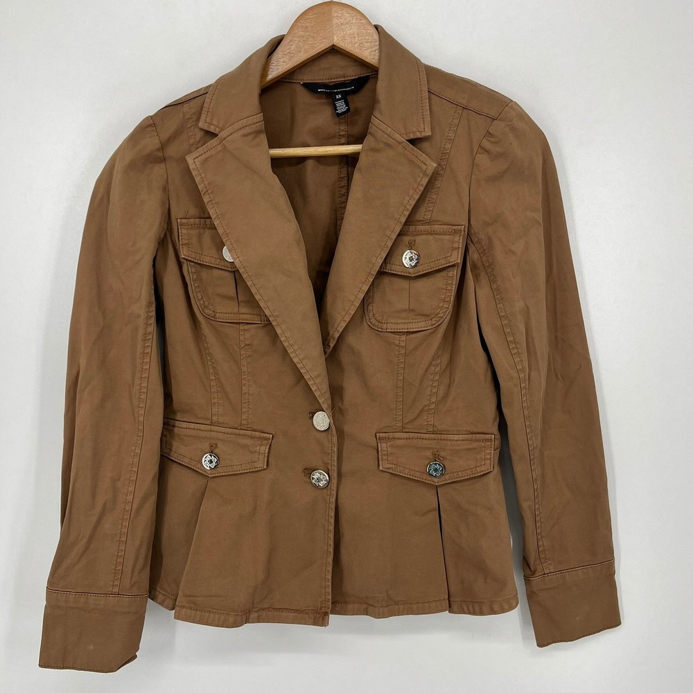 White House Black Market Camel Brown Safari Peplum Blazer Silver Buttons XS